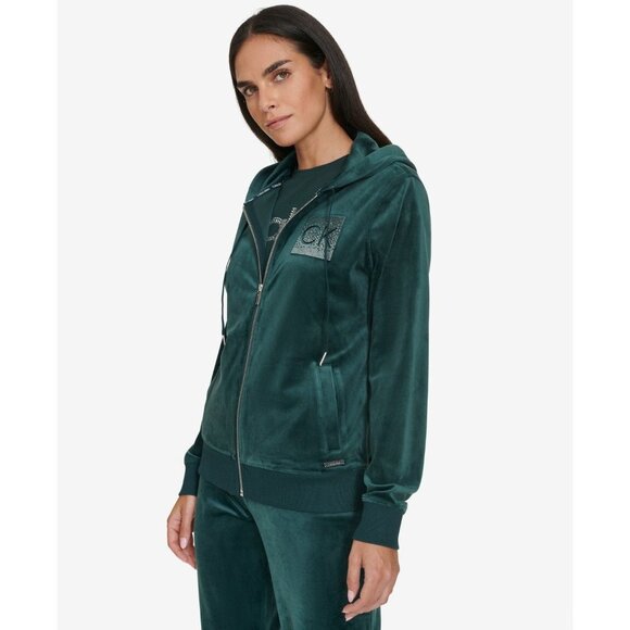 Calvin Klein Womens Metallic Logo Velour Zip Front Hoodie Malachite Size XL NWT - Picture 3 of 5